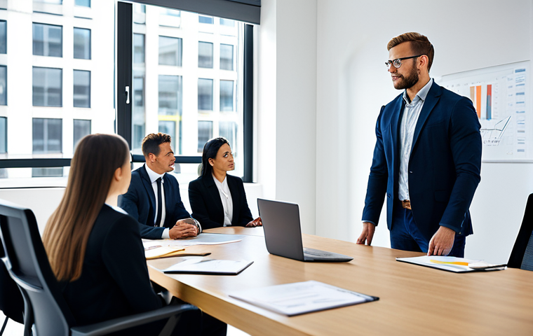 Consulting in Action**
"A professional business consultant in a well-lit, modern office, fully clothed in a modest business suit, advising a diverse team of startup employees around a conference table. The scene showcases collaboration and problem-solving. Appropriate attire, safe for work, professional environment, perfect anatomy, natural proportions, high-quality rendering."
**