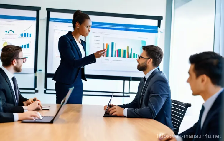 경영지도사 시험 난이도 분석 - **Prompt:** A dynamic scene featuring a diverse team of professional management consultants (men and...