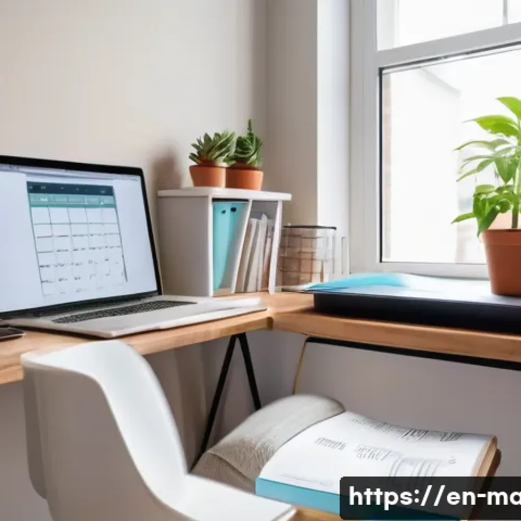 경영지도사 시험 준비를 위한 시간 관리 - A cozy, well-organized home study corner bathed in natural light, featuring a wooden desk with neatl...