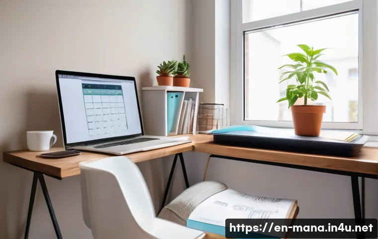 경영지도사 시험 준비를 위한 시간 관리 - A cozy, well-organized home study corner bathed in natural light, featuring a wooden desk with neatl...