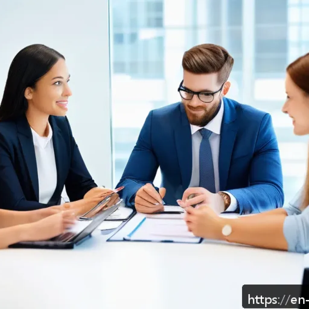 경영지도사와 고객 관계 관리 - A modern office setting featuring a diverse group of business consultants and clients engaged in a p...