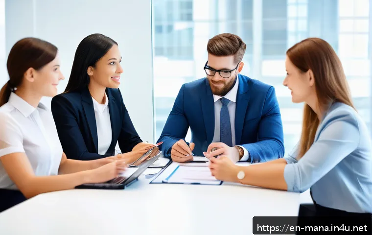 경영지도사와 고객 관계 관리 - A modern office setting featuring a diverse group of business consultants and clients engaged in a p...