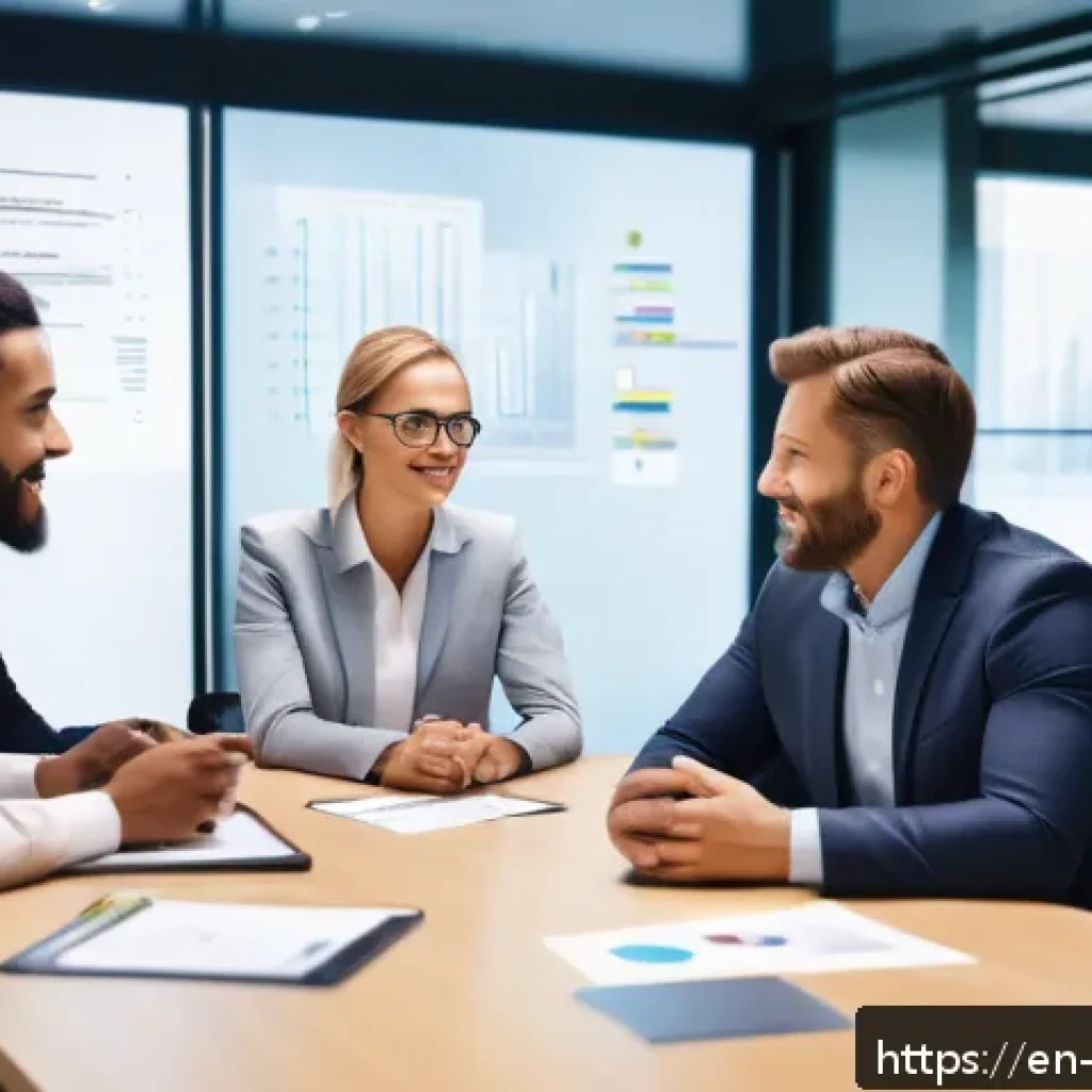 경영지도사 실무 사례 공유 - A modern corporate office scene showing a diverse group of professionals engaged in a collaborative ...