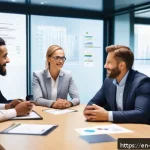 경영지도사 실무 사례 공유 - A modern corporate office scene showing a diverse group of professionals engaged in a collaborative ...