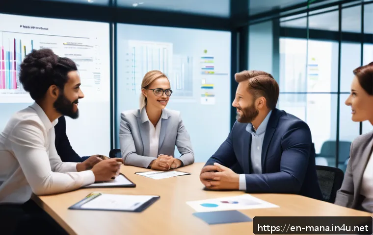 경영지도사 실무 사례 공유 - A modern corporate office scene showing a diverse group of professionals engaged in a collaborative ...